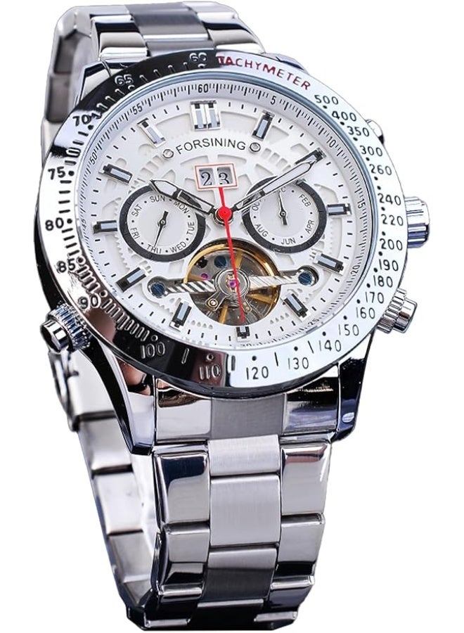 FORSINING Men Tourbillon Mechanical Self-Wind Watch, Day Date Month Full Calendar, Luminous Tachymeter Multifunctional Automatic Watches, Carved Big Dial Stainless Steel Band Wrist Watch - Image 1
